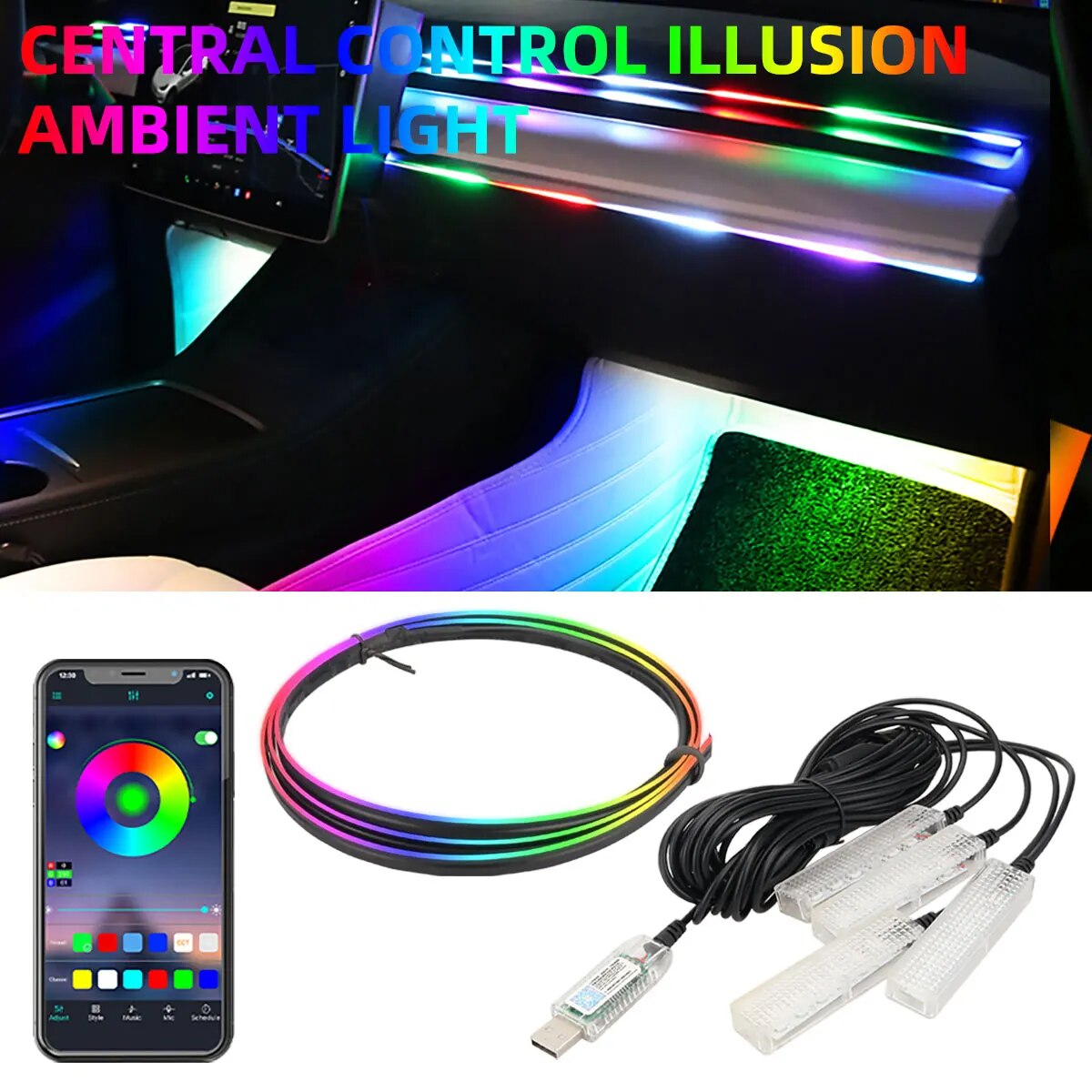 Led Ambient Interior Car Lights App Control - Lampu LED mobil 4 IN 1