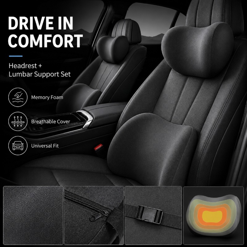 Memory Foam Car Neck Pillow Lumbar Support - Set Bantal Leher Sandaran Kepala Mobil