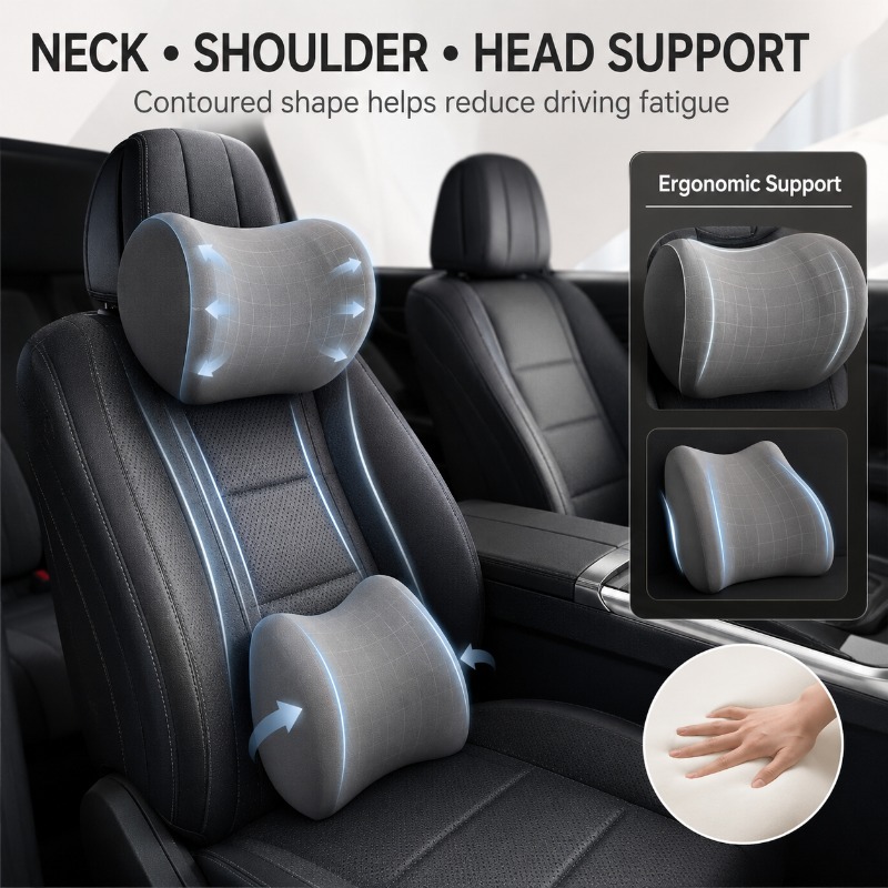 Set Bantal Leher Sandaran Kepa - Memory Foam Car Neck Pillow Lumbar Support ulasan dan harga